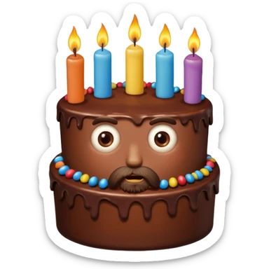 chocolate birthday cake with eyes and candles and beard sticker