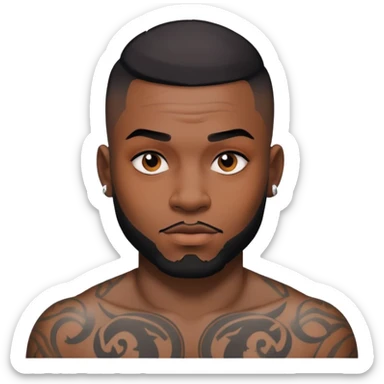 đàn ông 30 tuổi, da đen, tóc undercut ngắn đen, có hình xăm trên mặt sticker