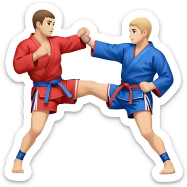 An icon symbolizing Sambo, featuring two fighters in blue and red kimonos with shorts and wrestling shoes. One executes a powerful throw, while the other attempts a defensive grab. The fighters are engaged in a grapple, using joint locks and sweeps.  sticker