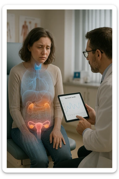 Realistic, vertical medical scene: a woman sits in a doctor’s office, looking fatigued and concerned. A semi-transparent overlay shows her internal organs, with the thyroid, ovaries, and adrenal glands glowing or pulsing in different colors to indicate hormonal imbalance. The doctor points to a digital tablet displaying fluctuating hormone levels. The mood is informative and empathetic. sticker