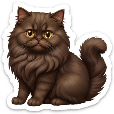 cinematic-[dark brown persian cat]-realistic-full-body-sitting-emoji,-tail-curled-playfully-around-its-paws,-head-tilted-dramatically,-fluffy-[dark brown]-fur,-simplified-yet-realistic-focused-features,-highly-detailed,-glowing-with-an-almost-sarcastic-glow sticker