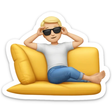 A full-body emoji man, with classic yellow skin tone, lying down or leaning back in a relaxed pose. He is wearing sunglasses and has both arms behind his head. The style should match standard emoji designs (like Apple sticker
