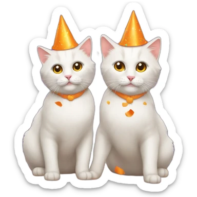 two white cats full body with orange party hats and confetti behind cats at a party sticker