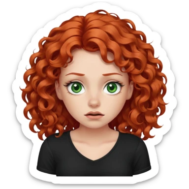Red-haired girl with long curly hair and green eyes, rosy, with eyelashes, in a black T-shirt with a small neckline. She rolls her eyes, heard something very stupid sticker