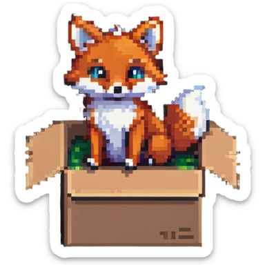 Playful fox sitting in a cardboard box, kids toy aesthetic, pixel art style sticker