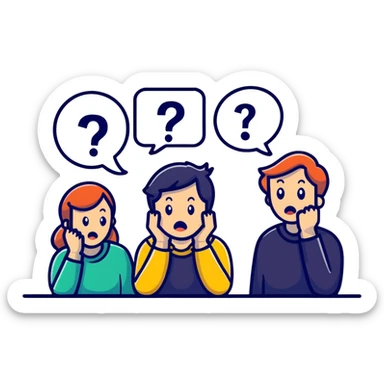 Team of people with bewildered expressions and question marks around them sticker