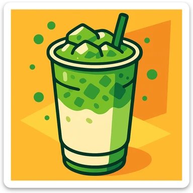 ice matcha latte in a tall cup with a straw, creamy green and white layers, refreshing look sticker
