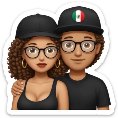 A picture of a tanned couple embracing. the guy is Mexican, with a bald hair cut and he has a SnapBack hat on. The girl is mixed, the girl is wearing a black shirt, the girl has brown curly big hair and the girl has big boobs and the girl wears glasses  sticker