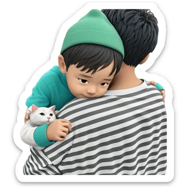 boy hugging cat under tree sticker