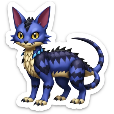 midnight blue-gray-black, scaley scaly batty feline-like quadrupedal digitigrade furry feral Bastet-Noibat-Gatomon-Garchomp-Digimon-Fakémon-Pokémon-creature (full body) sticker
