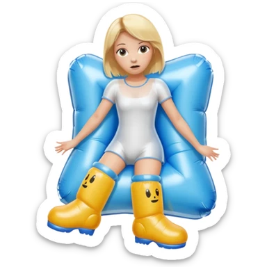 chica rubia con cara de miedo con unas botas  de presoterapia inflables sticker