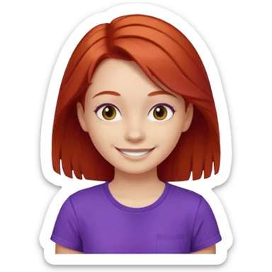 Young girl with red hair, wearing a purple T-shirt, with a smiling face sticker