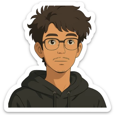 Malay teenager with fluffy hair, long face, light mustache, glasses, and a black hoodie in ghibli style sticker