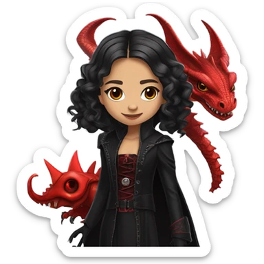surprised Lavish Victorian black evening gown with gloves, Jenna Ortega as Addams girl Jedi wearing a steampunk mini tiara, very large blood red evil-looking horned dragon sticker