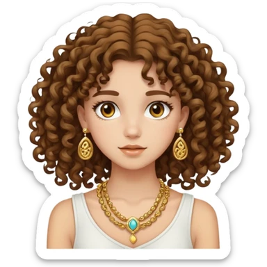 Teenage girl with curly brown hair, choni style with gold jewelry sticker