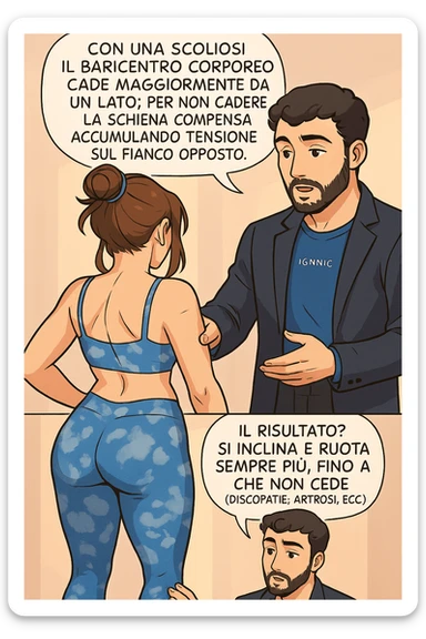 fai questa immagine in versione manga/webtoon a colori, il manga mostra la donna di spalle, mentre l'uomo le tocca la spina dorsale per spiegarle come funziona la scoliosi:
Con una scoliosi il baricentro corporeo cade maggiormente da un lato; per non cadere la schiena compensa accumulando tensione sul fianco opposto.
Il risultato? Si inclina e ruota sempre più, fino a che non cede (discopatie, artrosi, ecc) sticker