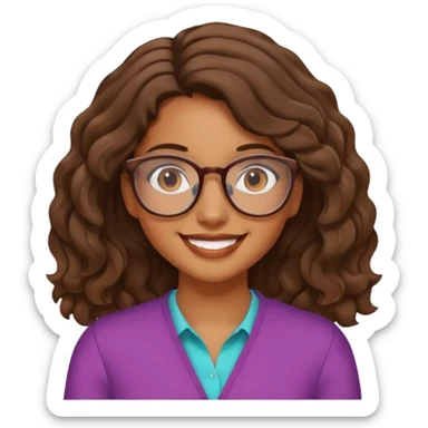 brown girl with wavy  shoulder length hair. glasses, sticker