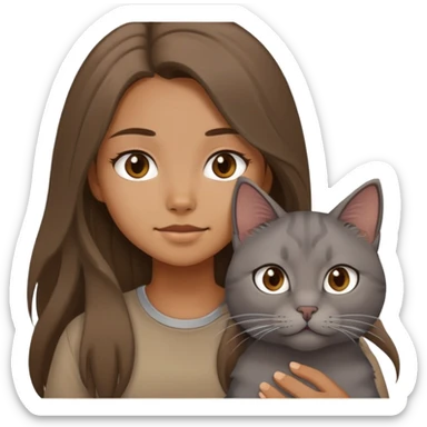 a longhair girl wearing a brown shirt with a grey cat sticker
