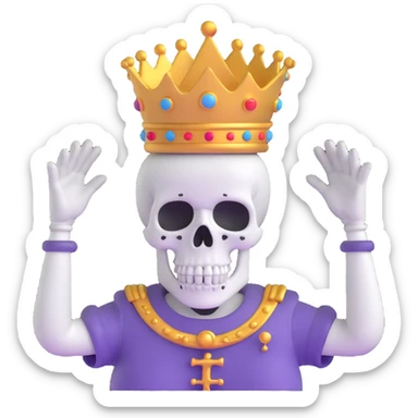 A shocked skull with a crown on top, both hands raised pressing on its head in disbelief, black and white sticker