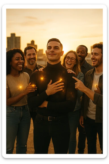 A cinematic scene of a man in his early 30s standing at the center of a sunlit urban rooftop during golden hour, surrounded by a diverse group of supportive, smiling people — friends, mentors, colleagues. They’re standing slightly behind or beside him, hands on his shoulder or gesturing toward him with encouragement. The man looks forward with a confident, inspired expression, body slightly relaxed, as if something inside di lui sta cambiando. The light behind the group forms a halo effect, emphasizing warmth and unity. Subtle visual symbolism: faint glow around their hands and hearts, suggesting their energy is uplifting him. Realistic clothing, modern style — jeans, T-shirts, casual jackets. The mood is inspiring, grounded, and full of potential. Shot in 35mm film style, with rich warm tones, shallow depth of field, and vibrant human detail. sticker