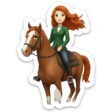 long-haired redhead woman with green eyes, on a horse back riding sticker