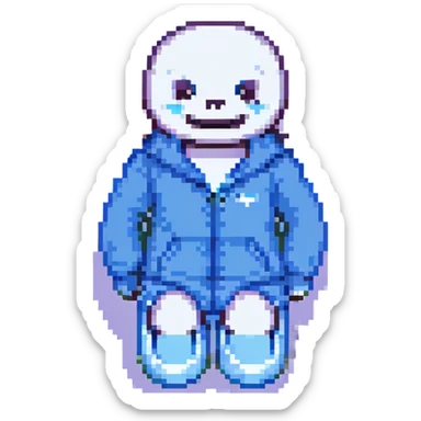 Sans from Undertale, pixel art, grinning, wearing slippers, minimal background sticker
