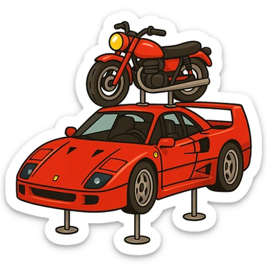 Add visible supports holding up the red motorcycle on the roof of the cartoonish F40. The background should be transparent, isolating the subject clearly. sticker