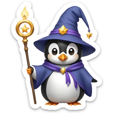 penguin wearing a wizard hat and robe holding a magic wand sticker