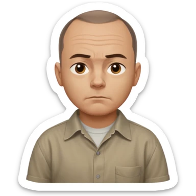 Carl from Sling Blade, serious expression, recognizable features, chin sticking out, slouching posture, no glasses, shirt with collar,  side view,show his entire body, he is standing. three-quarter face angle. He sticks his head forward. not apple style emoji sticker