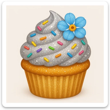 Add edible glitter and a small blue flower to the cupcake with silver frosting and rainbow sprinkles in emoji style. sticker
