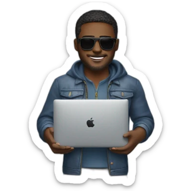 a man with sunglasses holding macbook pro 14 inch sticker