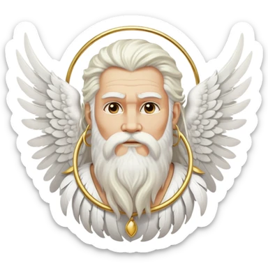 Zeus-like deity with large white feathered wings, long white hair and beard, wise expression, gold hoop earrings hanging from ears sticker