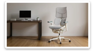 Editorial shot, Make this chair next to desk with mac setup, wooden modern floor, minimalistic room, contrast chair to wall, chair standing front to camera sticker