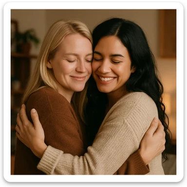 two women, one blonde and one with black hair, embracing as a lesbian couple, warm and friendly atmosphere sticker