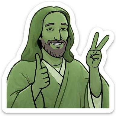 Jesus making a peace sign, meme style, friendly, humorous, social media meme sticker