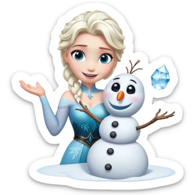 Cinematic Funny Elsa Portrait Emoji, Making a tiny snowman in her hands with a proud grin, looking smug as it dances, an unexpectedly hilarious moment of icy creativity! sticker