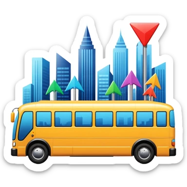 sleek bus from a slight angle with three colorful arrow signs pointing to city icons, no skyline, vibrant colors sticker
