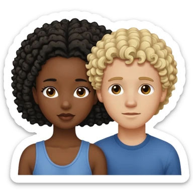 Black girl with curly black hair, and white boy with dirty blonde hair loving sticker