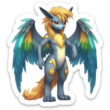 Anthro Sona Cool Edgy Cute Colorful Shy Winged Shiny Fakemon-Fantasy-Creature With Long Hair-Mane Full Body Detailed High Quality sticker