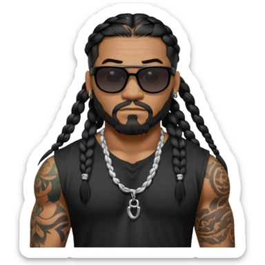 Samoan male. Facial hair on chin only.
Untucked loose fitting black t-shirt. 
long black braided hair.
very muscular.
Even More tattoos. 
Tough and menacing.
Dark black square sunglasses. sticker