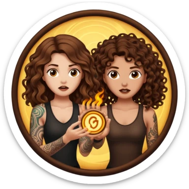 rune trap — long wavy brown hair tattooed woman and short tight curly brown hair woman — startled circle glow sticker