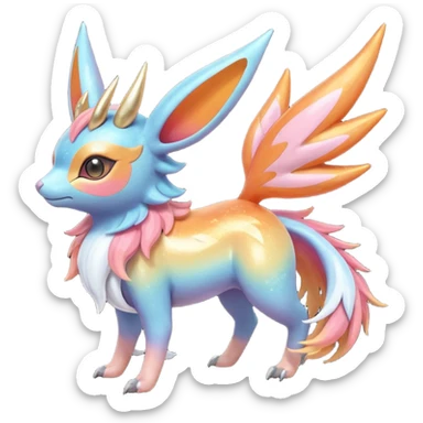  Shiny realistic cool beautiful iridescent light warmly colored reddish-orange-gold-gradients neon vibrant colorful pastel flourishing flurry fuzzy Nargacuga-Palkia-Sylveon-Meloetta-Noibat-fusion-animal-Fakémon-hybrid-creature, by griffsnuff sticker