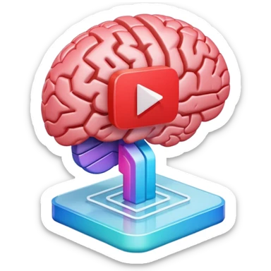 3D icon design, brain with YouTube play button symbol integrated into brain structure, glassmorphism style, soft shadows, gradient colors, modern app icon aesthetic, isometric view sticker