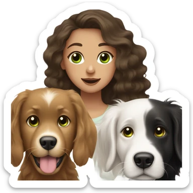 Girl with brown hair and green brown eyes next to a black golden retriever and épagneul breton black and White  sticker