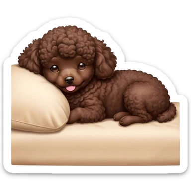 Meme-Worthy Cute Sleeping Chocolate Poodle Portrait Emoji, Head resting peacefully with a contented smile, showcasing a delightfully elegant build and a luxuriously soft, curly chocolate Fur, eyes shut in a serene nap, Simplified yet hilariously adorable features, highly detailed, glowing with a soft, drowsy light, high shine, relaxed and utterly lovable, stylized with an air of playful laziness, bright and heartwarming, soft glowing outline, capturing the essence of a comically sleepy companion, so meme-worthy it feels like it could instantly become the next viral sensation of adorable slumber! sticker