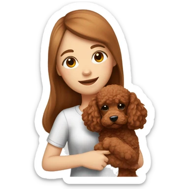 A white girl with long brown hair hugging a cute red brown toy poodle puppy  sticker
