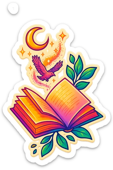 A magical book with leaves, a flying bird, a crescent moon, and sparkles in retro stickers style. Keep the composition and elements close to the reference image, but add a sense of magic and glowing energy. sticker