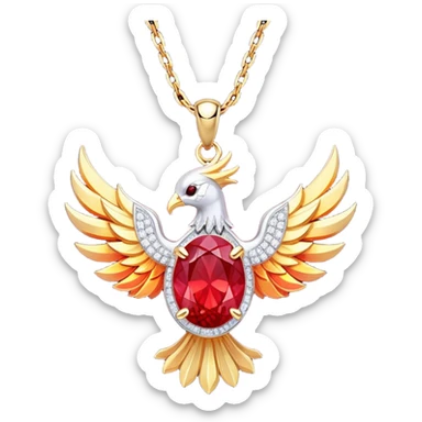 ruby pendant pulsing with fiery light, tiny phoenix emerging inside, haloed by shimmering white stones sticker