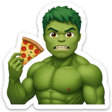 Create a man in a hulk costume eating pizza sticker