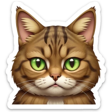 Cinematic Meme-Worthy Grumpy Brown Tabby Cat Portrait Emoji, Head held high but eyes filled with dramatic disappointment, fluffy brown fur with striking tabby markings, signature M-shaped forehead furrowed into an unmistakable scowl, large ears slightly angled back in disapproval, piercing golden-green eyes glaring with pure exasperation, Simplified yet hilariously over-exaggerated features, highly detailed, glowing with an aura of supreme annoyance, high shine, exhausted yet judgmental, stylized with an almost regal pettiness, bright but brooding, soft glowing outline, capturing the essence of a feline that has seen it all and is thoroughly unimpressed, so meme-worthy it feels like it could instantly become the next viral sensation of grumpiness! sticker
